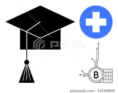 A black graduation cap, a blue medical cross, and a bitcoin symbol are side by side. Ideal for themes education, healthcare, technology, cryptocurrency, and digital finance. Clean, minimalistic 124398695