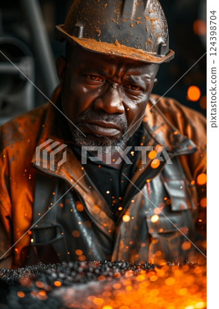 A skilled worker focused on his craft in a workshop, surrounded by vibrant sparks and rich textures of metals. 124398704