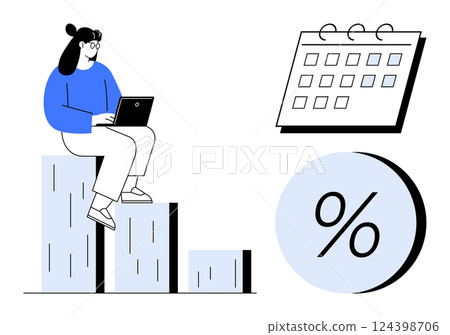 Woman seated on a bar graph working on a laptop. Nearby are a calendar and a percentage symbol. Ideal for financial planning, business analysis, scheduling, project management, productivity tools Woman seated on a bar graph working on a laptop. Nearby are a calendar and a percentage symbol. Ideal for financial planning, business analysis, scheduling, project management, productivity tools 124398706