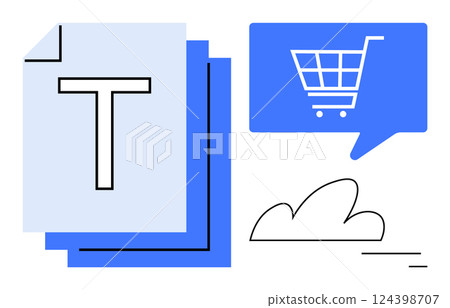Large letter T on stacked documents, shopping cart icon in a speech bubble, cloud and line marks. Ideal for e-commerce, digital communication, document management, cloud storage, online shopping Large letter T on stacked documents, shopping cart icon in a speech bubble, cloud and line marks. Ideal for e-commerce, digital communication, document management, cloud storage, online shopping 124398707
