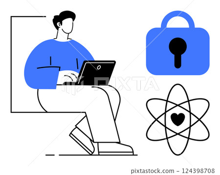 Person working on a laptop. Beside them are a security lock and an atom symbol with a heart. Ideal for technology, cybersecurity, scientific research, online learning, and data protection themes Person working on a laptop. Beside them are a security lock and an atom symbol with a heart. Ideal for technology, cybersecurity, scientific research, online learning, and data protection themes 124398708
