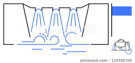 Water dam system directing water over turbines. Blue and black lines creating energy. Ideal for renewable energy, engineering, water management, environmental science, hydroelectric power Water dam system directing water over turbines. Blue and black lines creating energy. Ideal for renewable energy, engineering, water management, environmental science, hydroelectric power 124398709