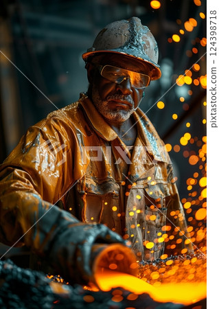 A skilled worker pouring molten metal in a factory, showcasing the craftsmanship and dedication of industry labor. 124398718
