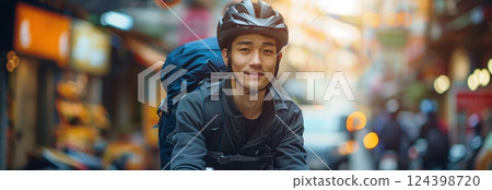 A smiling cyclist rides through a vibrant city, showcasing a blend of urban life and active transportation. 124398720