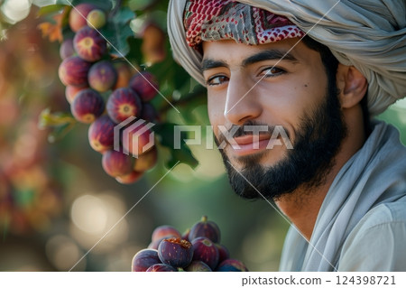 A smiling man stands beside a fruit tree, showcasing fresh figs, embodying a connection with nature and healthy living. 124398721
