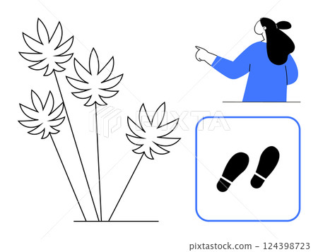 Minimalist design showing plants and a person pointing. Includes a sign with footsteps. Ideal for nature guides maps educational materials hiking guides and travel brochures. Simple line art Minimalist design showing plants and a person pointing. Includes a sign with footsteps. Ideal for nature guides maps educational materials hiking guides and travel brochures. Simple line art 124398723