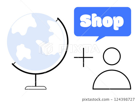 Simplified representation of a globe, a person, and a speech bubble with the text Shop. Ideal for online business, e-commerce, global market, international trade, retail. Minimalist vector design Simplified representation of a globe, a person, and a speech bubble with the text Shop. Ideal for online business, e-commerce, global market, international trade, retail. Minimalist vector design 124398727