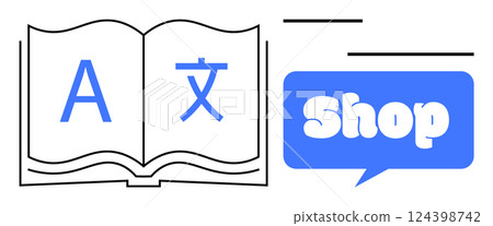 Open book with language symbols next to blue speech bubble with the word Shop Ideal for language learning, bookstores, online shopping, education, and international communication Simple and clean 124398742