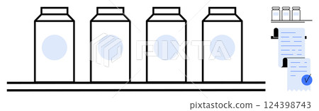 Four milk cartons on a production line. Quality inspection checklist with checkmark nearby. Ideal for food safety, quality assurance, dairy industry, production processes, and regulatory compliance 124398743