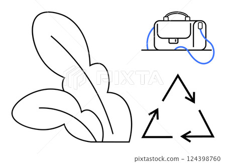 Leaf plant, recycle triangle, and business briefcase with blue strap. Ideal for sustainability, environment, business, eco-friendly practices, recycling, green initiatives, and corporate Leaf plant, recycle triangle, and business briefcase with blue strap. Ideal for sustainability, environment, business, eco-friendly practices, recycling, green initiatives, and corporate 124398760