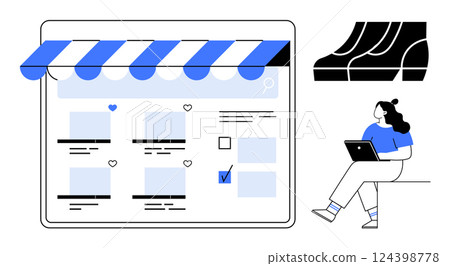 Online store interface with product listings, search bar, and checkboxes. Woman sitting with a laptop reviewing shoe options. Ideal for e-commerce, online shopping, customer behavior, retail 124398778