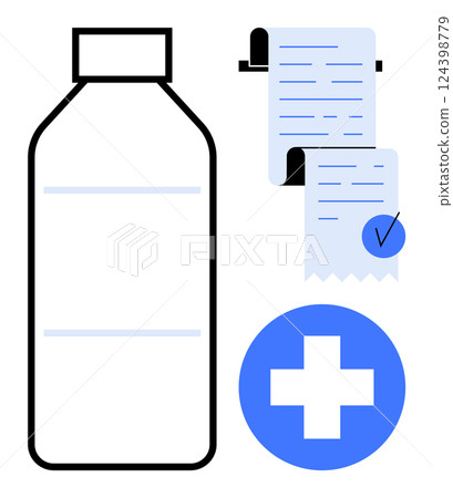 Medical bottle beside a checklist and a blue cross symbol Ideal for pharmacy, healthcare, medication, prescriptions, and medical records themes Simple line art style, clean and functional 124398779