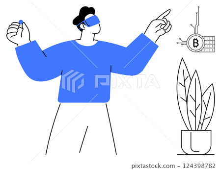 A person wearing a VR headset and holding a controller explores a virtual environment. A Bitcoin symbol and a potted plant are visible. Ideal for technology virtual reality cryptocurrency finance A person wearing a VR headset and holding a controller explores a virtual environment. A Bitcoin symbol and a potted plant are visible. Ideal for technology virtual reality cryptocurrency finance 124398782