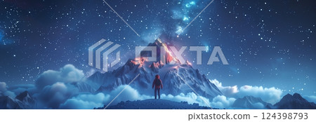 A breathtaking view of a starry sky above a glowing volcanic mountain, enveloped in mystical clouds. A breathtaking view of a starry sky above a glowing volcanic mountain, enveloped in mystical clouds. 124398793