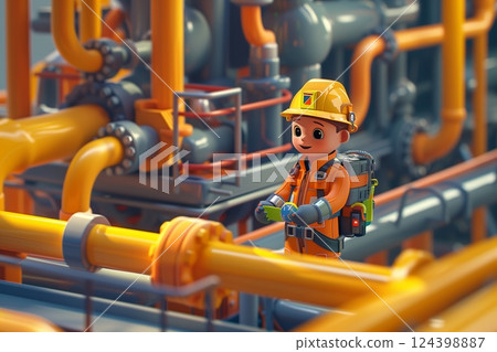 A cheerful cartoon character in a safety helmet interacts with colorful industrial pipes in a factory setting. 124398887