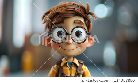 A cheerful cartoon character with big glasses and a friendly smile, showcasing creativity and imagination. 124398890