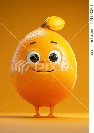 A cheerful cartoon lemon character with a bright smile and playful posture, set against a vibrant yellow background. 124398891
