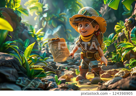 A cheerful explorer with a map in a lush, vibrant jungle, capturing the spirit of adventure and discovery. 124398905