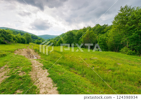 dirt road through forested countryside. offroad path. beautiful summer rural landscape in mountains. adventure in nature scenery before the storm. dark sky 124398934