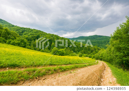dirt road through forested countryside. deciduous trees. beautiful summer rural landscape in mountains. adventure in nature scenery before the storm. dry mud trail dirt road through forested countryside. deciduous trees. beautiful summer rural landscape in mountains. adventure in nature scenery before the storm. dry mud trail 124398935