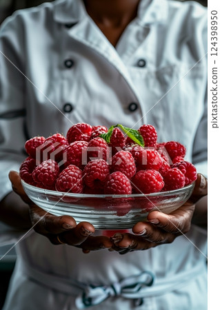A chef holds a glass bowl filled with fresh, juicy raspberries, symbolizing deliciousness and culinary passion. 124398950