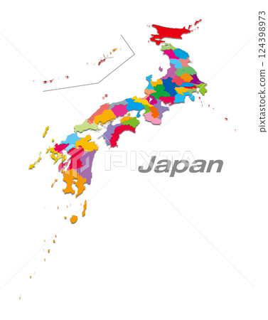 Map of Japan divided into 47 prefectures with a focus on Kyushu and Shikoku regions. Shaded perspective map 124398973