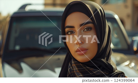 A confident woman wearing a black hijab stands in front of a car, embodying strength and cultural identity. 124399064