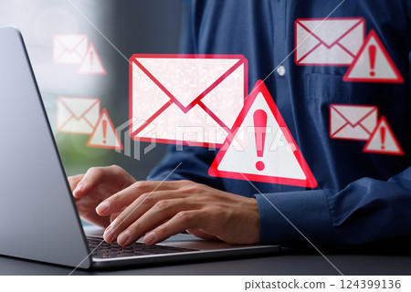 Spoofed email with malicious attachment and phishing scam. Mail icon with exclamation mark and warning icon Spoofed email with malicious attachment and phishing scam. Mail icon with exclamation mark and warning icon 124399136