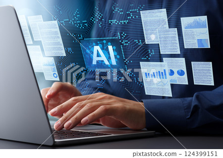 AI that generates reports and documents. Generative artificial intelligence that analyzes text and data. Businessmen writing at their desks in the office. AI that generates reports and documents. Generative artificial intelligence that analyzes text and data. Businessmen writing at their desks in the office. 124399151