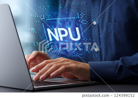 NPU Neural Processing Unit and Edge AI. Artificial Intelligence Chip and Electronic Circuit. Man using laptop 124399152