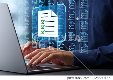 Creating and storing legal documents. Document Management System DMS technology. Lots of file icons and check marks. 124399156