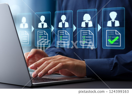 審批工作流程和業務流程管理BPM。文件批准流程和完成。筆記型電腦 124399163