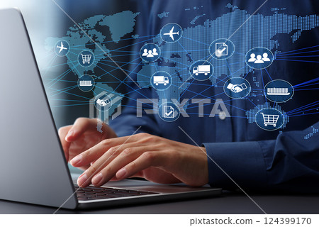 跨境業務和國際經營策略。數位全球化和國際貿易。筆記型電腦上的 Glo 跨境業務和國際經營策略。數位全球化和國際貿易。筆記型電腦上的 Glo 124399170