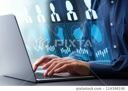 Talent assessment and performance evaluation. Employee talent evaluation and ability assessment. Manager assessing skills on laptop 124399190