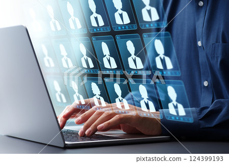 Customer data management and employee data management. CRM customer relationship management. Business using laptop to manage data Customer data management and employee data management. CRM customer relationship management. Business using laptop to manage data 124399193