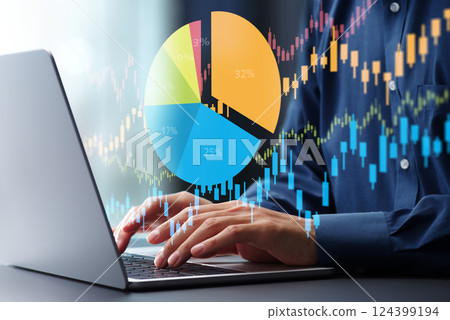 Investment portfolio diversification strategy. Risk management and asset allocation. Investor using laptop to manage stock investments. Investment portfolio diversification strategy. Risk management and asset allocation. Investor using laptop to manage stock investments. 124399194