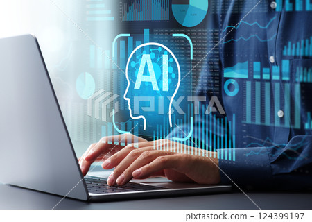 AI analytics and business management. Artificial intelligence agent creating graphs in spreadsheet software. 124399197