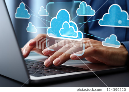 Multi-cloud management and orchestration. Cloud interoperability and integration. On a laptop Multi-cloud management and orchestration. Cloud interoperability and integration. On a laptop 124399220