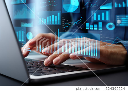 數據分析和圖表。商業行銷統計數據分析。使用筆記型電腦進行數據分析 124399224