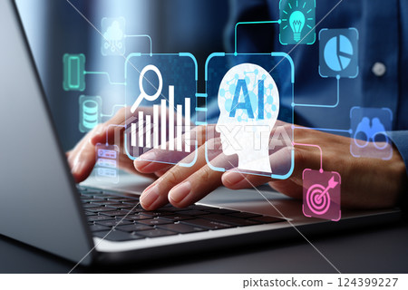 AI-driven automated data analysis and data mining. Artificial intelligence analyzing big data. Laptop 124399227