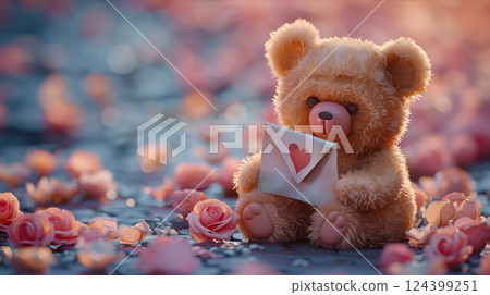 A cute teddy bear holding a heart letter surrounded by beautiful roses, symbolizing love and affection. 124399251