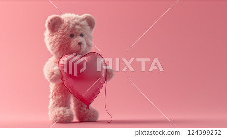 A cute teddy bear holding a heart-shaped balloon on a pastel pink background, symbolizing love and affection. 124399252