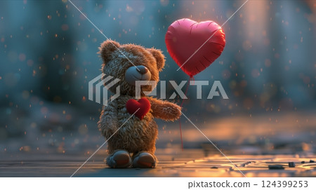 A cute teddy bear holding a heart-shaped balloon, symbolizing love and affection amid a romantic atmosphere. 124399253