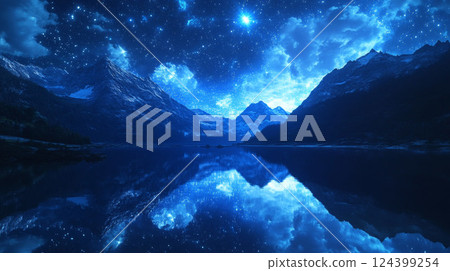 Blue night sky , stars over lake with reflection, mountains in back, tranquil design. 124399254
