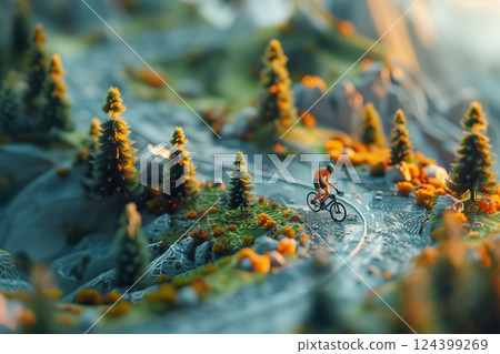 A cyclist navigates a scenic trail surrounded by vibrant trees and rocky terrain, capturing the essence of adventure. 124399269