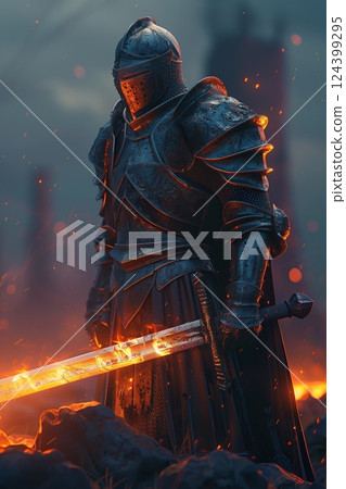 A determined knight stands amidst fire, wielding a glowing sword, embodying courage and strength in battle. 124399295