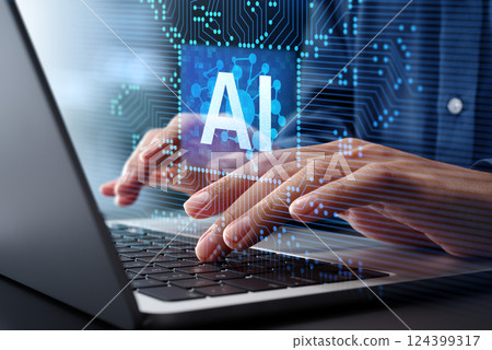 Edge AI and artificial intelligence semiconductor. AI icon and electronic circuit. Man using laptop. 124399317