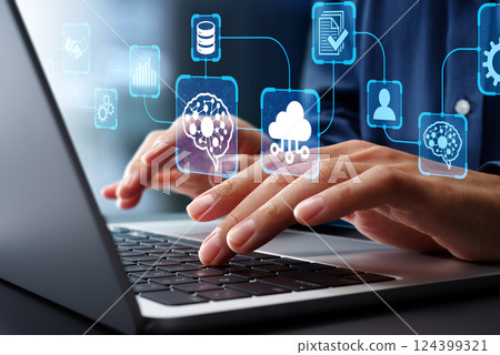 AI automation and API automation. Data transfer through system integration. Intelligent pro 124399321