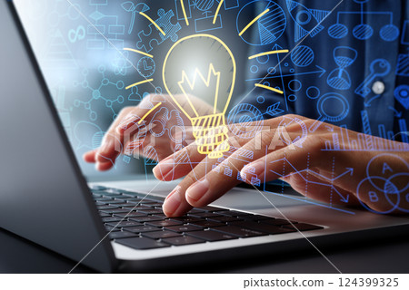 Strategic thinking and idea generation. Creative problem solving. Light bulb illustration and business icons. Working with laptop 124399325