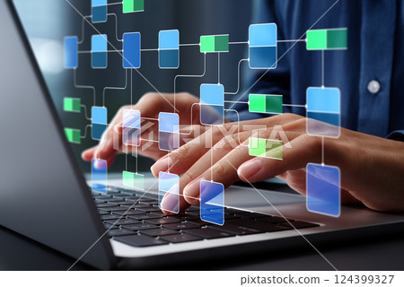 Data flow diagram. Process decomposition and data flow analysis. Managing data processing systems on a laptop. 124399327